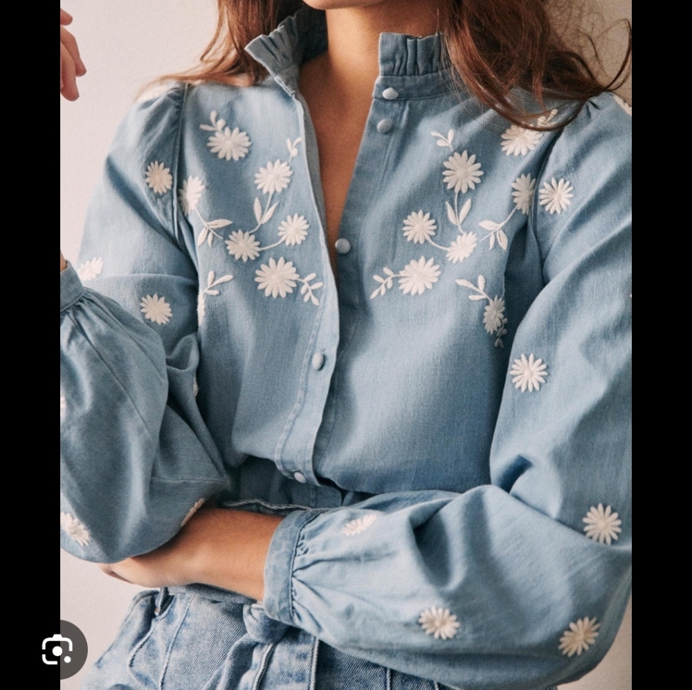 Sezane Blue Blouse with White Floral Embroidery